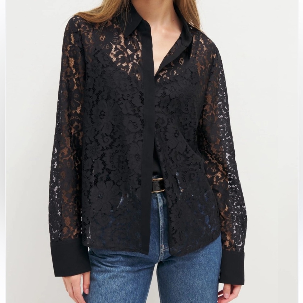 Reformation Black Lace Button-Up Top